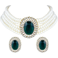 I Jewels Gold Plated Traditional Green Stone Studded Pearl Choker Necklace Jewellery Set For Women/Girls (ML316G)