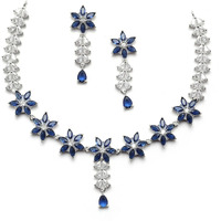 ZENEME Rhodium-Plated Silver Toned Star Shaped American Diamond Studded Necklace Earrings Jewellery Set for Girls and Women (Blue_Design_01)