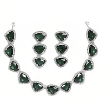ZENEME Rhodium Plated Silver Toned Triangular Shaped American Diamond Studded Jewellery Set For Women and Girl (Green_Design_01)