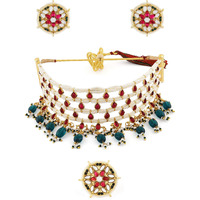 ZAVERI PEARLS Pink Kundan & Green Beads Choker Necklace Earring & Ring Set For Women-ZPFK11071