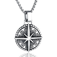 Fashion Frill Silver Chain Pendant For Men Round Pendant Cross Compass Necklace Chain For Men Boys Mens Jewellery Pendant Necklace Accessories