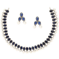 ZENEME Antique Oxidised Silver Plated Traditional Temple Coin Red American Diamond Studded Necklace With Earrings Jewellery For Women & Girls (Blue)