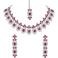 Atasi International Silver Plated Ruby Red Kundan Diamond Necklace Jewellery Set for Women/Girls Suited for Party, Wedding, Engagement, Special Ocassions (RM5448)