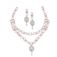ZENEME Rhodium-Plated American Diamond Studded Abstract Necklace With Earrings Jewellery Set For Girls and Women (Pink)