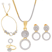 ZENEME Jewellery Set American Diamond Round Shaped Necklace Set with Earrings, Bracelet and Ring Jewellery for Girls and Women