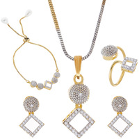 ZENEME Jewellwey Set American Diamond Traditional Fashion Rectangle Combo of Necklace Pendant Jewellery Set with Ring, Bracelet and Earring for Women & Girls (Rectangle)