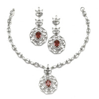 ZENEME Rhodium-Plated Silver Toned Square & Circular Shaped American Diamond Studded Necklace with Earring Jewellery Set for Girls and Women (Red)