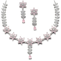 ZENEME Rhodium-Plated Silver Toned Star Shaped American Diamond Studded Necklace Earrings Jewellery Set for Girls and Women (Pink_Design_01)