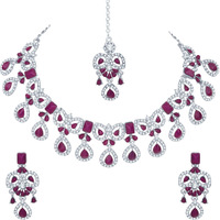 Atasi International Silver Plated Purple Crystal Diamond Necklace with Earrings and Maang Tikka for Women - Jewellery Set for Party, Wedding, Engagement (RPU5745)