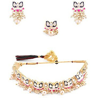 ZAVERI PEARLS Blue & Pink Meenakari Lotus Design Choker Necklace Earring & Ring Set For Women-ZPFK14435