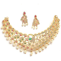 ZENEME Womens Gold Plated American Diamond Studded with Drop Pearl Beaded Jewellery Set White & Red (Design 2)