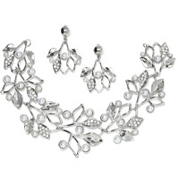 ZENEME Oxidised Silver-Plated Cubic Zirconia & White Pearls Studded Leaf Shaped Necklace With Earrings Jewellery Set For Girls and Women (White)
