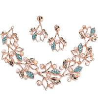 ZENEME Oxidised Silver-Plated Cubic Zirconia & White Pearls Studded Leaf Shaped Necklace With Earrings Jewellery Set For Girls and Women (Rose Glod Blue)
