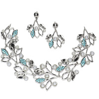 ZENEME Oxidised Silver-Plated Cubic Zirconia & White Pearls Studded Leaf Shaped Necklace With Earrings Jewellery Set For Girls and Women (Blue)