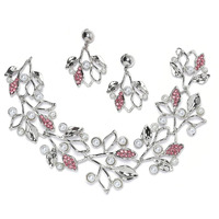 ZENEME Oxidised Silver-Plated Cubic Zirconia & White Pearls Studded Leaf Shaped Necklace With Earrings Jewellery Set For Girls and Women (Pink)