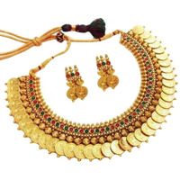 YouBella Jewellery Set for women Traditional Red and Green Temple coin Ginni Choker Necklace Set/Jewellery Set with Earrings for Women
