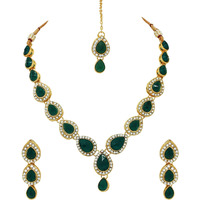 Atasi International Green Stone Gold Plated Alloy Necklace Necklace with Earrings and Maang Tikka for Women - Jewellery Set for Party, Wedding, Engagement