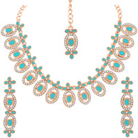 Atasi International Rose Gold Plated Mint Blue Diamond Necklace with Earrings and Maang Tikka for Women - Jewellery Set for Party, Wedding, Engagement (RGB5448)