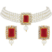 Shining Diva Fashion Latest Stylish Choker Traditional Pearl Necklace Jewellery Set for Women (Red)(A12288s), One