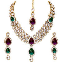 Lucky Jewellery Traditional Purple Green Color Gold Plated Kundan Necklace Set For Girls & Women (MSK-3-LINE-PG)