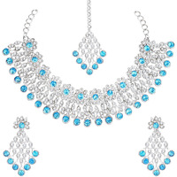 Atasi International Silver Plated Kundan Necklace Set with Earrings and Maang Tikka For Women Suitable for Bridal, Wedding, Party & Festive (Silver, Blue)