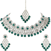 Atasi International Women Silver Plated Green Kundan Necklace Set With Earrings And Maangtikka -Jewellery Set Collection For Weddings, Parties, And Festivals (Dg5379)