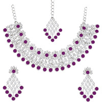 Atasi International Silver Plated Purple Crystals Ad Diamond Necklace Set With Earrings And Maang Tikka, Suitable For Bridal, Wedding, Party (Rpu5379, Womens)