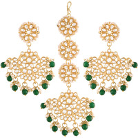 I Jewels Gold Plated With Stunning Matte Finish Traditional Kundan & Faux Pearl Chandbali Earrings With Maang Tikka Set (Te2911G, Womens)