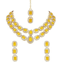 I Jewels Gold Plated Traditional Stone Choker Necklace Jewellery With Earring & Maang Tikka Set For Women And Girls (Yellow)