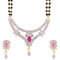 ZENEME Mangalsutra Gold Plated American Diamond Studded Tanmaniya Nallapusalu With Earrings Jewellery For Women (Style 14)