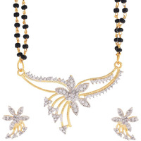 ZENEME Mangalsutra Gold Plated American Diamond Studded Tanmaniya Nallapusalu With Earrings Jewellery For Women (Style 16)
