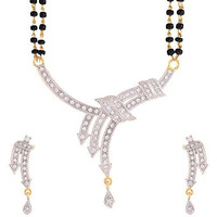 ZENEME Mangalsutra Gold Plated American Diamond Studded Tanmaniya Nallapusalu With Earrings Jewellery For Women (Style 9)