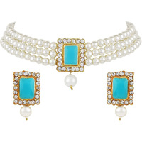 Shining Diva Fashion Latest Stylish Choker Traditional Pearl Necklace Jewellery Set for Women (Firozi)(A12684s), One