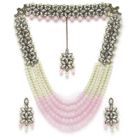 ZENEME Jewellery Sets for Women Gold Plated Bridal Long Necklace Set Neck Choker with Earrings and Maang Tikka for Women & Girls (Pink & White)