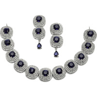ZENEME Rhodium Plated Silver Toned Triangular Shaped American Diamond Studded Jewellery Set For Women and Girl (Navy Blue_Design_02)