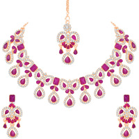Atasi International Gold Plated Purple Crystal Diamond Necklace with Earrings and Maang Tikka for Women - Jewellery Set for Party, Wedding, Engagement (RGPU5745)