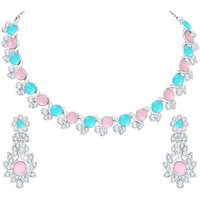 Atasi International Silver Plated Pink and Blue Crystal Diamond Womens Necklace Set | Jewellery Set With Earrings | RPB5764
