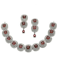ZENEME Rhodium Plated Silver Toned Triangular Shaped American Diamond Studded Jewellery Set For Women and Girl (Red_Design_02)