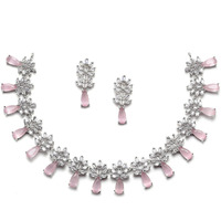 ZENEME Rhodium-Plated Silver Toned Teardrop Shaped American Diamond Studded Necklace Earrings Jewellery Set for Girls and Women (Pink)