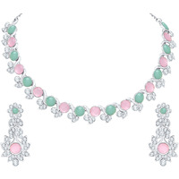 Atasi International Silver Plated Pink and Green Crytsal AD Diamond Womens Necklace Set | Jewellery Set With Earrings | RPG5764