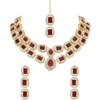 I Jewels Gold Plated Traditional Stone Choker Necklace Jewellery With Earring & Maang Tikka Set For Women And Girls (Maroon)