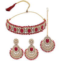 Sukkhi Indian Traditional Gold Plated Rani Pink Stone & Beads Choker Necklace Set With Earring And Maangtika | Jewellery Set For Women (NS105712)