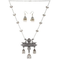 Shining Diva Fashion Latest Oxidised German Silver Afghani Long Chain Pendant Earrings Necklace Jewellery Set for Women (Silver) (12013s)