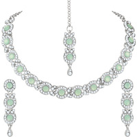 Atasi International Women Silver Plated Pastel Green Necklace with Earrings & Maang Tikka - Jewellery Set For Weddings, Parties, And Festivals (RMG5705)