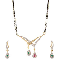 ZENEME Mangalsutra Gold Plated American Diamond Studded Tanmaniya Nallapusalu With Earrings Jewellery For Women (Style 6)