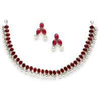 ZENEME Antique Oxidised Silver Plated Traditional Temple Coin Red American Diamond Studded Necklace With Earrings Jewellery For Women & Girls (Red)