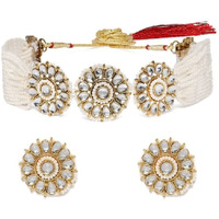 I Jewels Gold Plated Traditional Kundan Pearl Choker Necklace Jewellery Set For Women/Girls (ML310W)