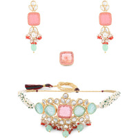 ZAVERI PEARLS Multicolor Stones & Beads Multistrand Beaded Kundan Choker Necklace Earring & Ring Set For Women-ZPFK15092