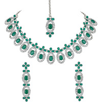 Atasi International Latest Silver Plated Green Kundan Crystals AD Diamond Necklace Jewellery Set with Earrings and Maang Tikka for Women, Girls (DG5448)