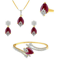 YouBella Signature Collection American Diamond Combo of Pendant Set/Necklace Set with Earrings, Bracelet and Ring for Girls and Women (Red)